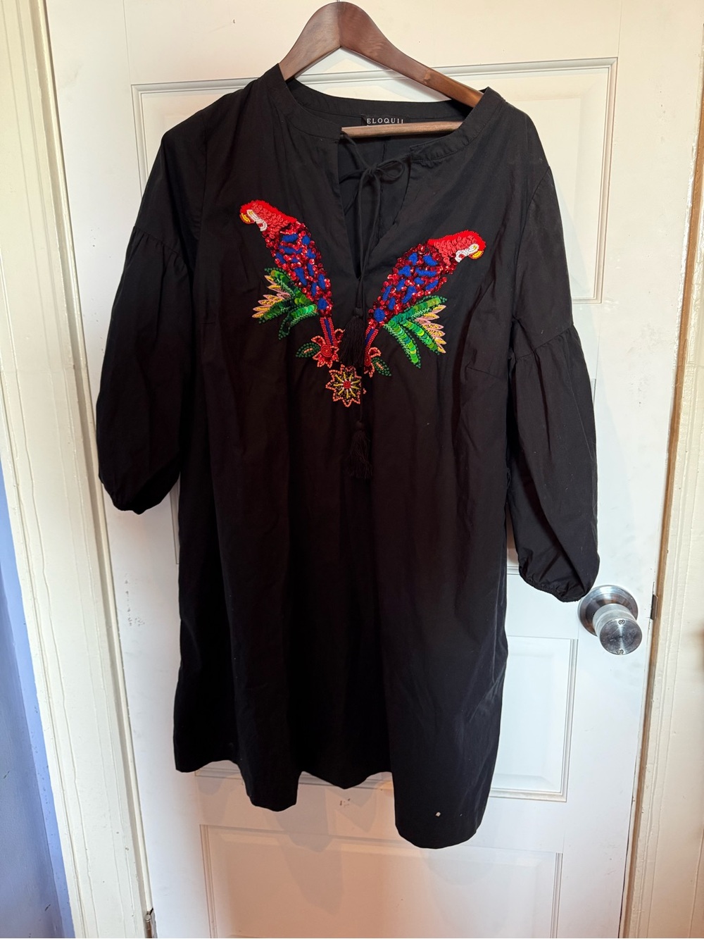 Eloquii Parrot Embroidered Sequin Tunic Knee-Length Dress Black Cotton Size 20